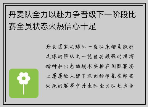丹麦队全力以赴力争晋级下一阶段比赛全员状态火热信心十足