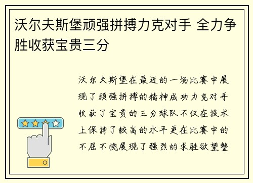 沃尔夫斯堡顽强拼搏力克对手 全力争胜收获宝贵三分